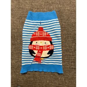 Penguin Dog Sweater Holiday Winter Blue Striped Pet Apparel Small NO FLAWS